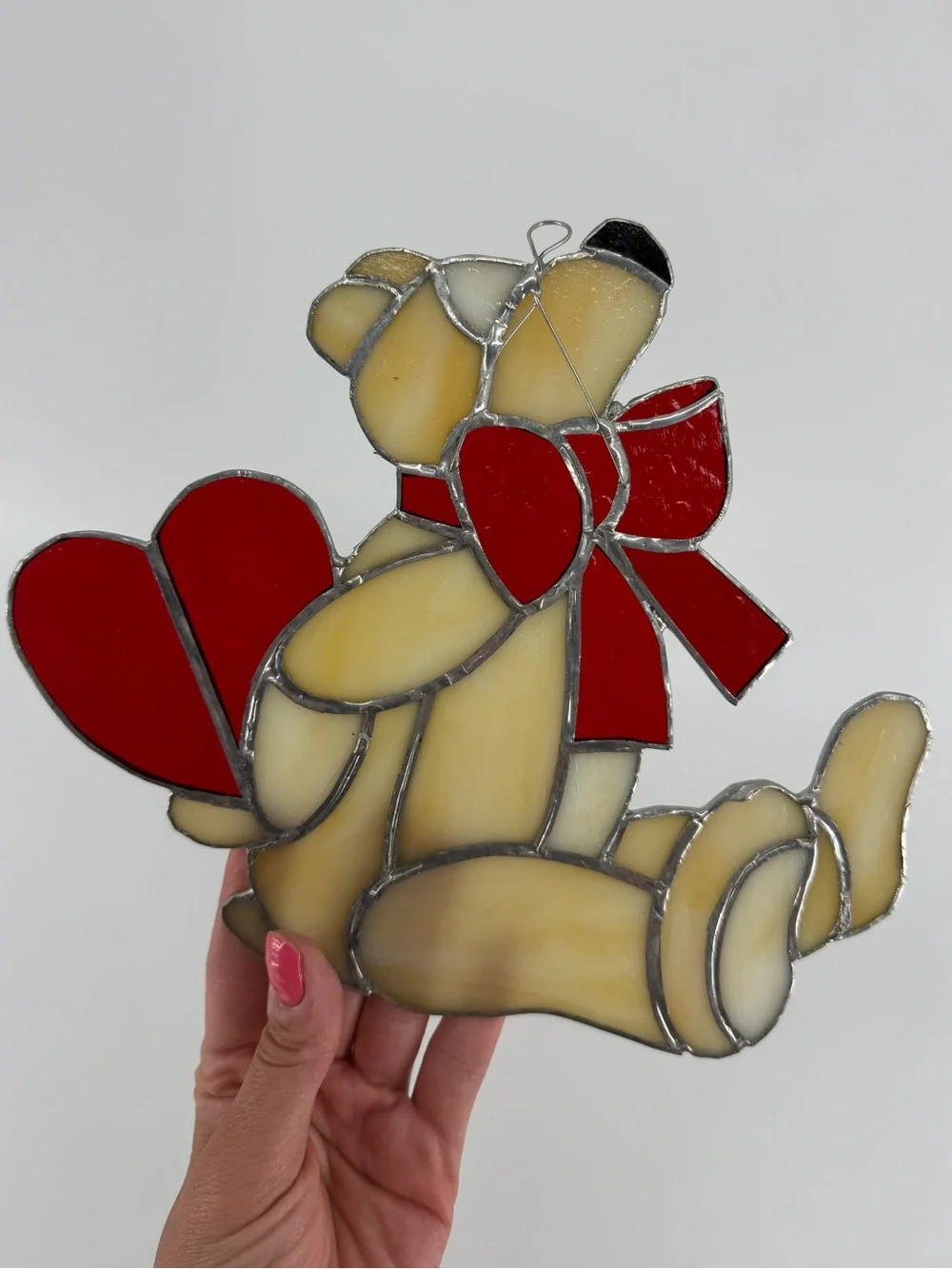Vintage Stained Glass Bear Holding Heart Suncatcher Cream Red 8